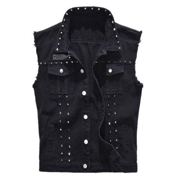 Moda High Street Uomo Gilet di jeans Stile punk Rivetto Jeans Gilet Plus Size M-5XL Giacca di jeans senza maniche da moto maschile Nero243s