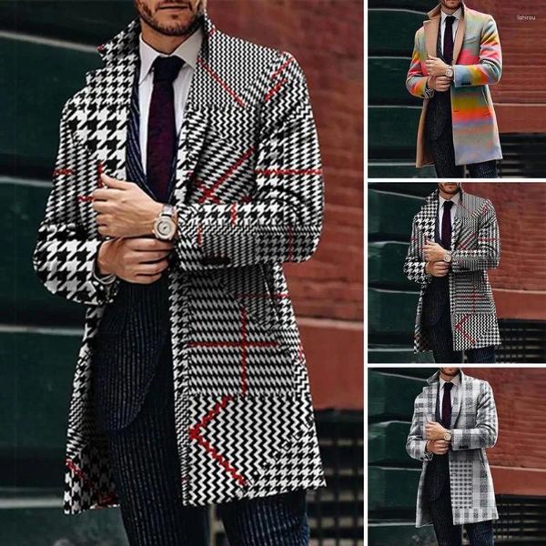 Casacos de Trench Masculinos Homens Outono Casaco de Inverno Xadrez Impressão Lapela Manga Longa Cardigan Solto À Prova de Vento Formal Estilo de Negócios Jaqueta de Comprimento Médio