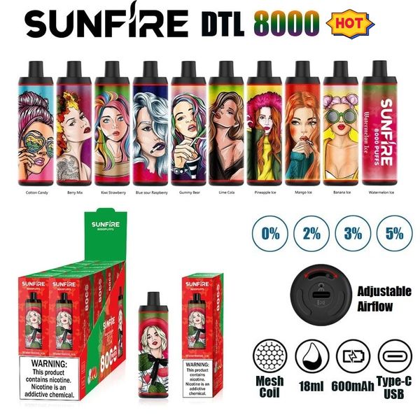 Sunfire original 8000 Puffs Cigarro eletrônico de lápis vape descartável 18ml 600mAh Fluxo de ar ajustável recarregável 0% 2% 3% 5% por Shenzhen Factory Atacado Preço