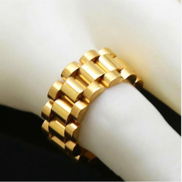Classico lusso 24K placcato oro cinturino per uomo Anelli in acciaio inossidabile anello dorato di collegamento Hip Hop Mens Style Anello da uomo Orologi Band Ring286J