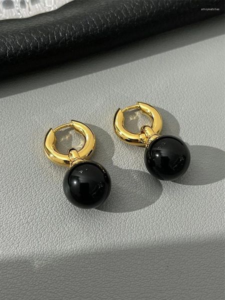 Brincos de argola francês preto ônix destacável vintage elegante metal banhado a ouro 18K aço inoxidável