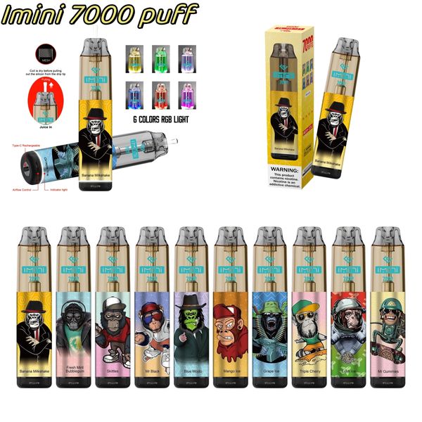 Imini 7000 Puffs одноразовые электронные сигареты Slim Vape Pen Starter Kits Tornado 7k Awrmelon Alavor 15 мл 0% 2% 3% 5% 850MAH Батарея с бесплатной ценой OEM