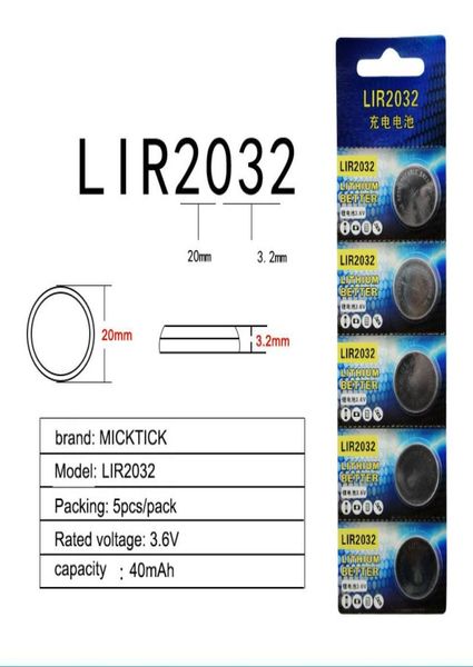 5pcspack lir2032 bateria recarregável lir 2032 36v liion baterias de célula botão substituir cr20325190228