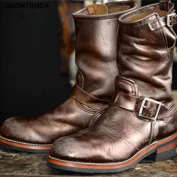 Stiefel Mitte Herren Hartleder Reine schwarze Linie Paar Kurze Männer Frauen Runder Kopf Trend Lokomotive Schuhe