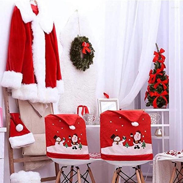 Stuhlhussen 4-teiliges Esszimmer-Schonbezug-Set, Weihnachtsmann, Schneemann, rote Mütze, Weihnachtsrücken