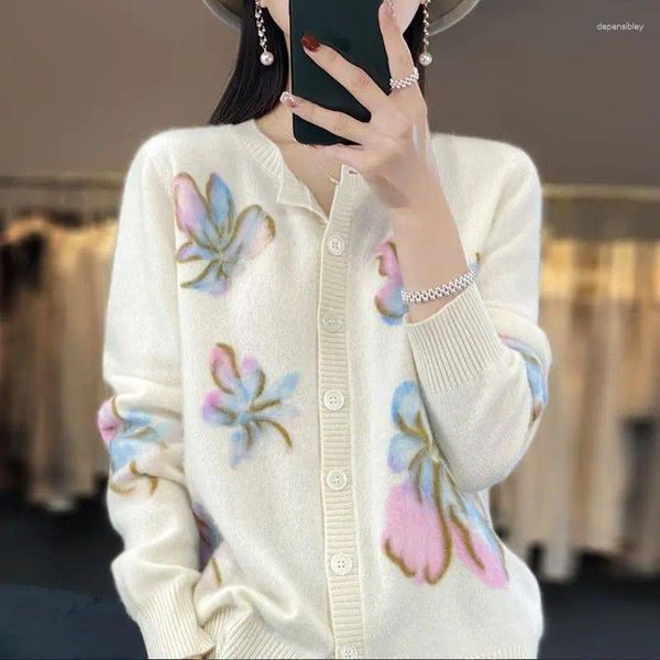 Maglioni da donna Korejepo Gentle Age Riducendo il fiore Cardigan lavorato a maglia 2023 Primavera Autunno Bellissimo top a maniche lunghe Cappotto maglione sovrapposto