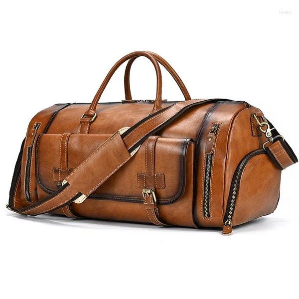 Duffel Bags Vintage Escovado Bolsa De Viagem De Couro Para Bagagem De Couro Masculino Com Compartimento De Sapato E Grande Capacidade Fitness