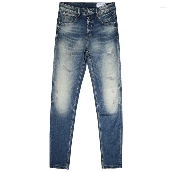 Jeans masculinos moda homens retro pequeno reto lavado elástico remendo usado slim fit calças lápis
