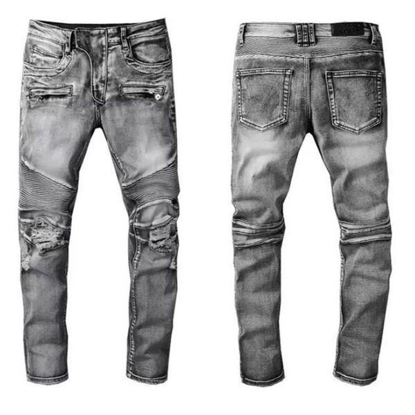 Designer de luxo dos homens jeans marca lavado design cinza magro-perna denim calças moda clube roupas masculino hip hop magro motocicleta bike2326