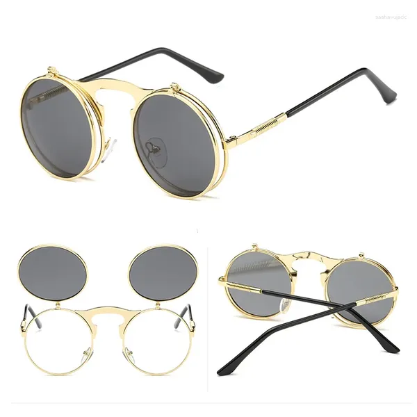 Sonnenbrille mit rundem Rahmen, Steampunk, hochklappbar, für Damen und Herren, modisches Design, Gothic-Punk-Metall-Sonnenbrille, klassische Retro-Brille, Spiegel