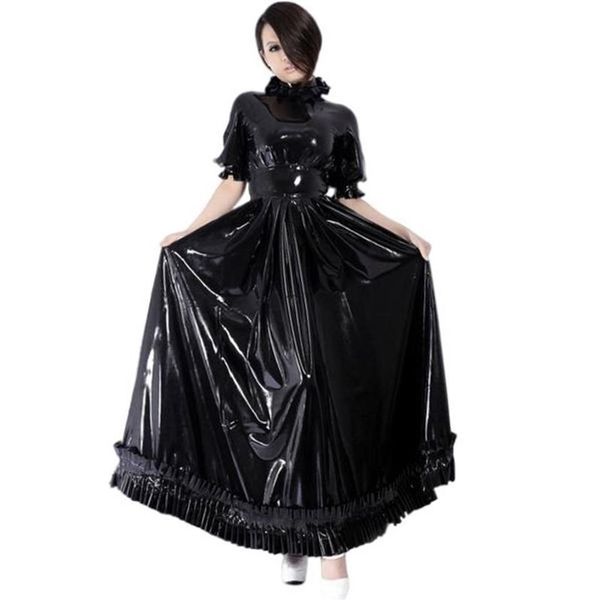 Vestidos casuais homens sissy pvc couro mulheres manga curta puff a-line vestido longo sexy wetlook vestidos exóticos slim pu club wearcasu2296