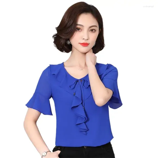 Camicette da donna 2023 O-Collo in chiffon Solid Top Camicia a maniche corte da donna Top da ufficio da donna - Abbigliamento streetwear allentato casual Stile coreano