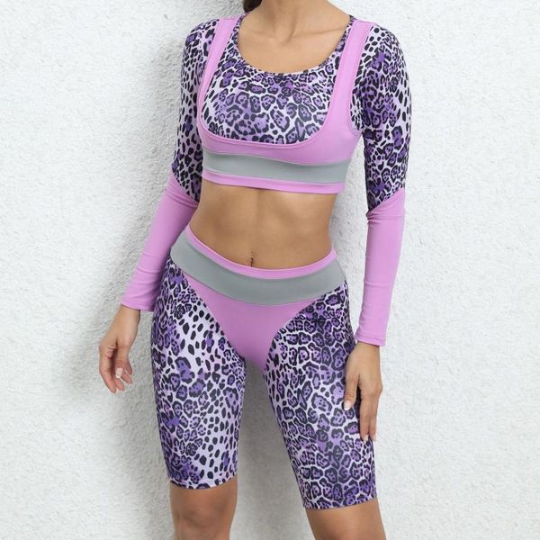 Damen Trainingsanzüge Sportbekleidung Yoga Set Leopardenmuster Patchwork Crop T-Shirt Shorts Herbst Langarm Fitness Top Sportbekleidung Anzüge