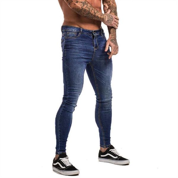 Gingtto jeans azul slim fit super skinny jeans para homens roupa de rua hio hop tornozelo corte justo próximo ao corpo tamanho grande estiramento zm05 s237x
