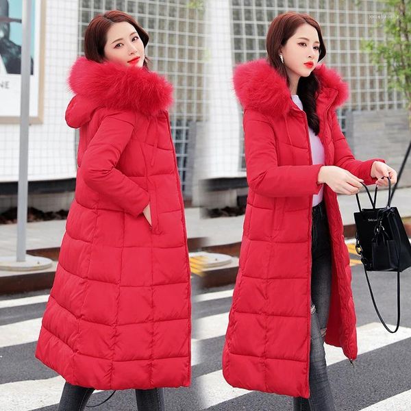 Trench da donna Cappotto lungo in piumino spesso Parka da donna 21 Collo in pelliccia coreana invernale Cappotto in cotone con cappuccio casual Tasche con cerniera Capispalla sottile Donna