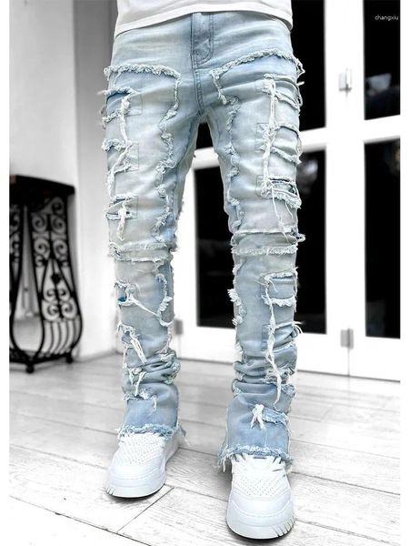 Jeans da uomo 2023 Streetwear Toppa elasticizzata strappata per uomo Abiti lunghi di alta qualità dal taglio dritto