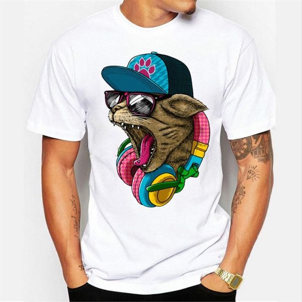 Erkek Moda Çılgın DJ Kedi Tasarım Tişörtleri Serin Üstler Kısa Kollu Yatık Tees295a
