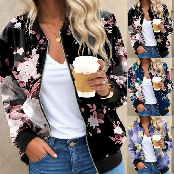 Jaquetas femininas jaqueta básica para mulheres flor impressão manga longa zíper casaco outono inverno casual blusão moda streetwear l5