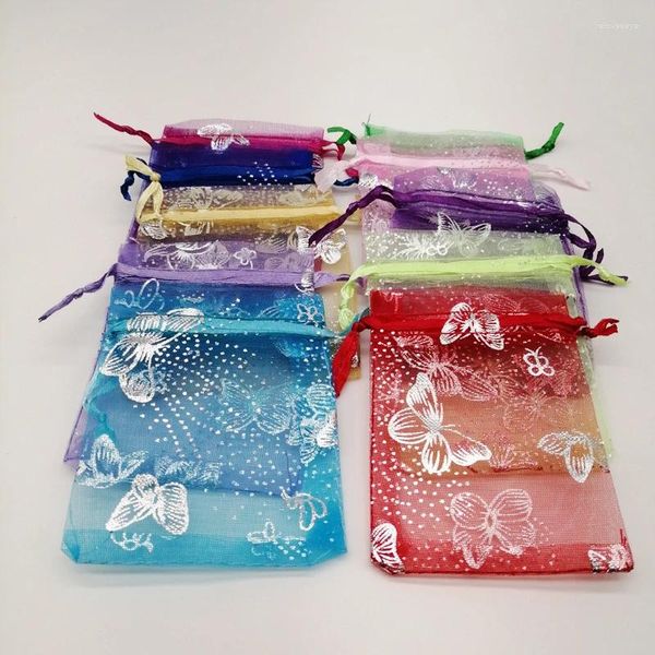 Bolsas de jóias 100pcs 15x20 17x23 20x30 grandes sacos de organza borboleta desenhar corda saco de presente para embalagem bolsa de exibição de armazenamento