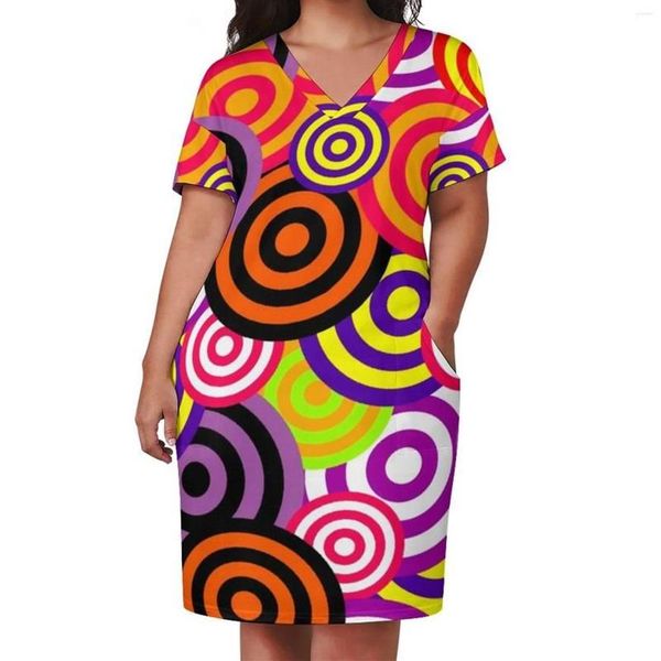 Plus Size Kleider Vintage 70er Jahre Kleid Bunte Kreise Druck Ästhetisch Lässig Damen Sommer Kurzarm Retro Geburtstagsgeschenk289B