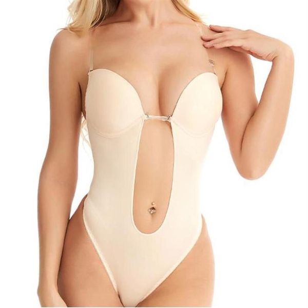 Mulher profunda v bodysuit alça transparente sem costas mergulho tanga push up sutiã acolchoado corpo shaper terno feminino shapers185e