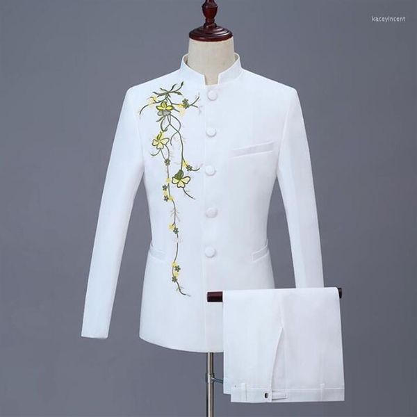 Herrenanzüge Sänger Bühnenkleidung Männer Chinesische Tunika Anzug Set mit Hosen Ethnische Herren Hochzeit Stickerei Formelle Kleidung Mann Stand333l