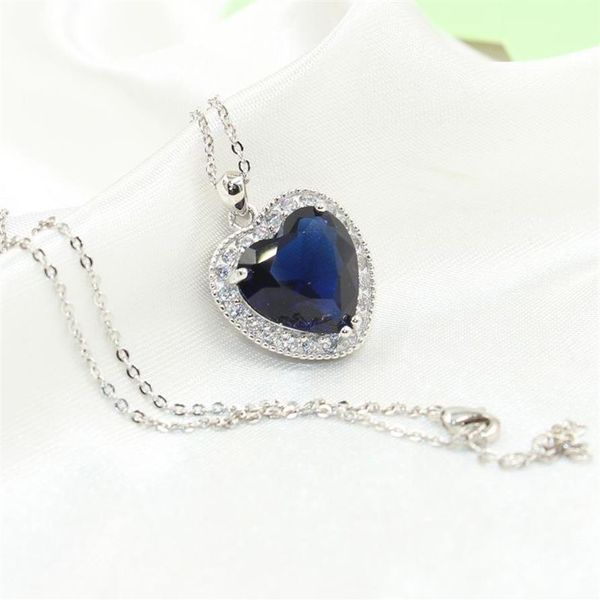Coração choucong exclusivo marca nova jóias de luxo 925 prata esterlina grande azul safira cz diamante festa corrente pingente colar para w254p