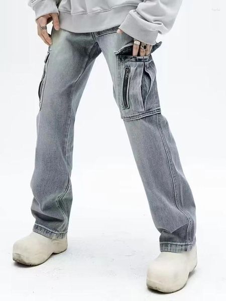 Jeans da uomo Autunno Trendy Cerniera microelastica Estate Pantaloni larghi dritti a vita alta Piedi lavati Giovanile