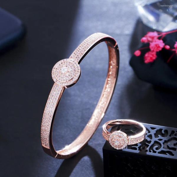 Halskette Ohrringe Set ThreeGrace Elegante Micro Pave Zirkonia Rose Gold Farbe Luxus Offen Und Ring Für Frauen Partei Schmuck