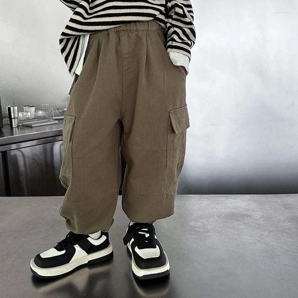 Calças 2023 calças de outono crianças soltas bolso grande leggings bebê cor sólida workwear meninos roupas
