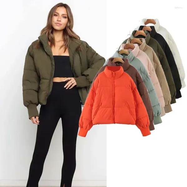 Casacos de trincheira femininos manga longa zíper puffer jaqueta inverno acolchoado curto para baixo casaco bolsos roupas femininas