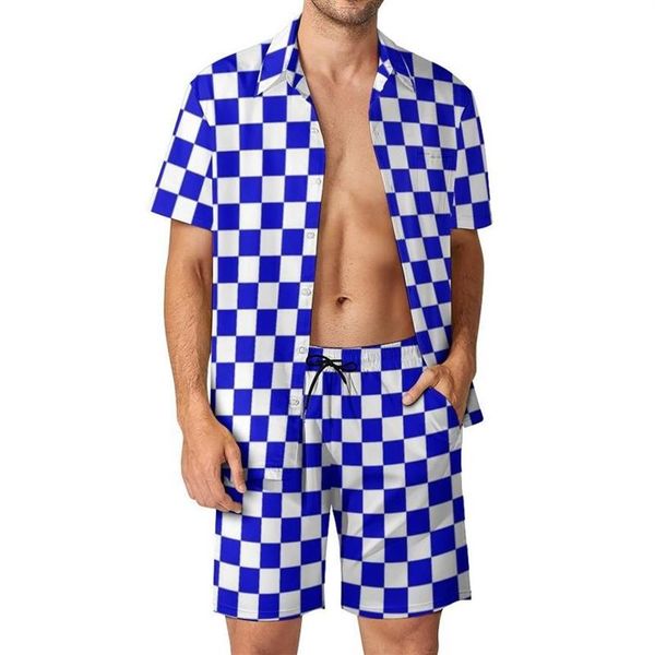 Мужские спортивные костюмы с шахматным узором, мужские комплекты, синие и белые клетчатые повседневные шорты, летний комплект с рубашкой для отдыха на Гавайях, короткий-Sl2870