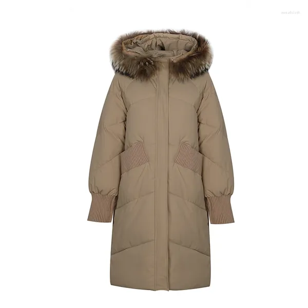 Casacos de trincheira femininos inverno longo casaco de pele real com capuz moda bolsos de malha super quente algodão acolchoado parka outwear 2023 urso -30 centígrados