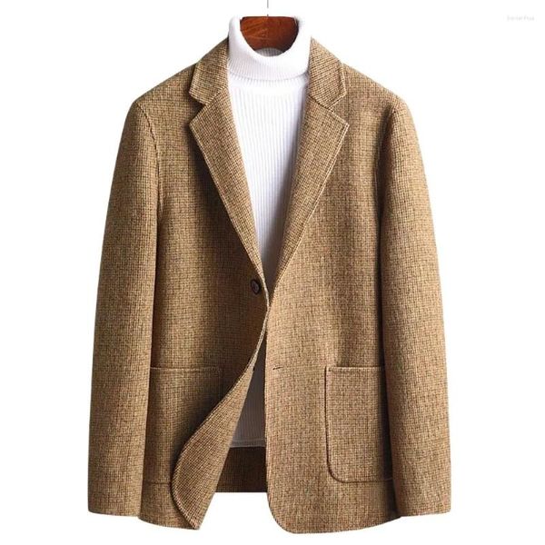 Ternos masculinos na moda wollen blazer masculino casual fino ajuste xadrez lã jaqueta escritório banquete casamento casaco homem roupas