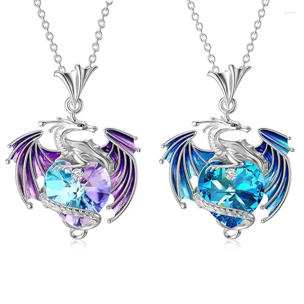 Ketten Punk Mode Drachen Herz Kristall Halskette Für Frauen Charme Liebe Birthstone Fliegen Anhänger Tier Schmuck Geschenk