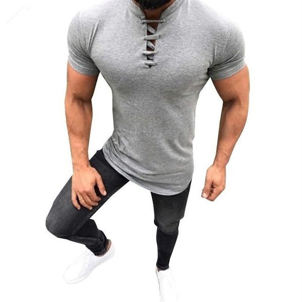 Novo masculino sexy bandagem t camisa topos masculino preto cinza fino ajuste cor sólida gola mandarim manga curta t camisa S-3XL319Q