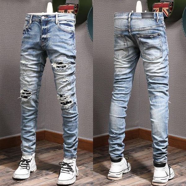 Jeans da motociclista da uomo con taglie forti 38 Denim con foro distrutto e scolorimento invecchiato Male311k