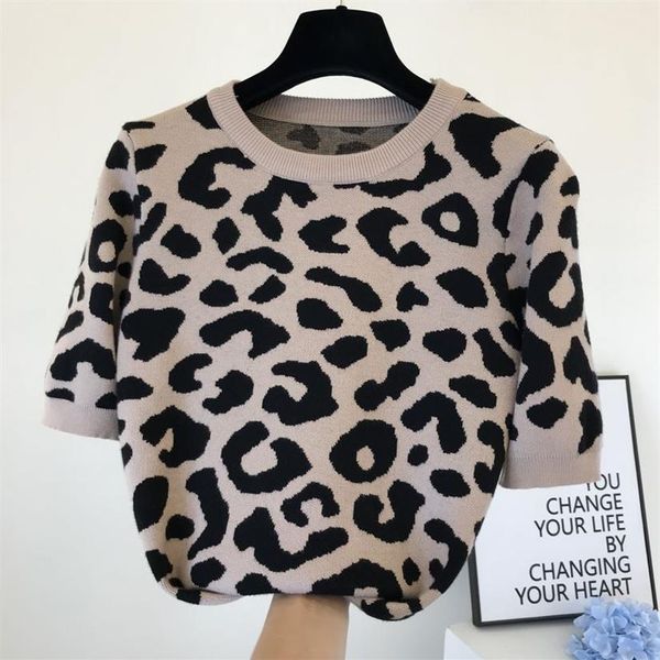 Outono nova feminina o-pescoço leopardo impressão manga curta malha moda camisola topos jumper shirt213i