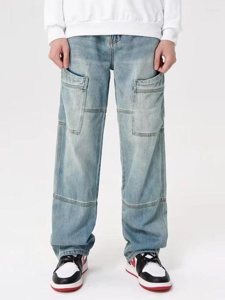 Jeans masculinos outono y2k retro nicho design zíper fenda solta perna reta esfregando calças de rua alta