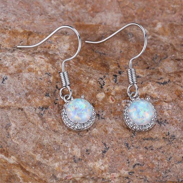 Baumelnde Ohrringe, süßer runder kleiner Stein, weißer Feueropal-Tropfen für Frauen, trendige silberne Farbe, Haken, lange Quaste, Boho-Schmuck