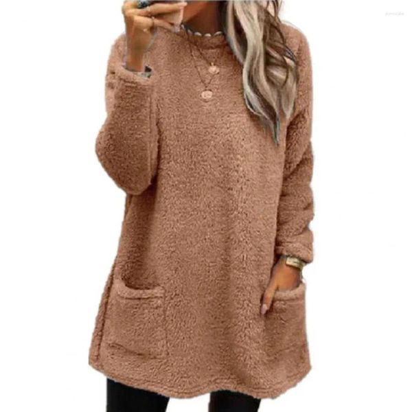 Camisola com capuz feminino para diferentes tipos de corpo quente inverno velo shearling jaquetas elegantes de comprimento médio outwear feminino com capuz
