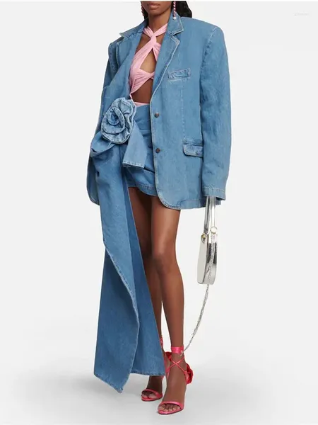 Abiti da donna Lavato Vintage Back Split 3D Giacca di jeans floreale per le donne Colletto dentellato Allentato Oversize Runway Jean Blazer Coat ZN264