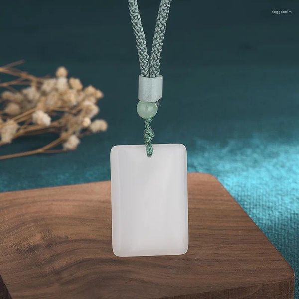 Anhänger Halsketten Vintage Stil Rechteckige Weiße Jade Halskette Für Männer Frauen Schmuck Grüne Handgewebte Seil Kette Perle 70 cm