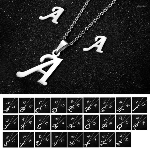 Ketten Edelstahl 26 Buchstaben Ohrring Halskette Set Modern Trend Niedlich Ohr Piercing Ringe Damen Halskette Schmuck Charm Anhänger