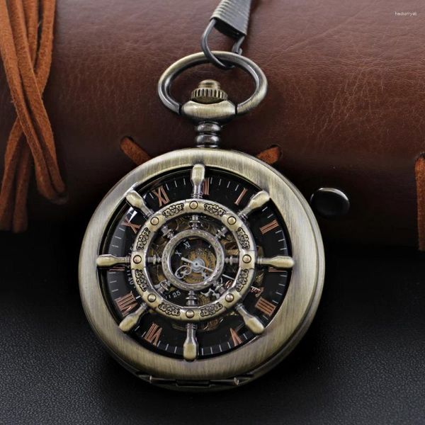 Карманные часы, винтажные механические часы с рулем пиратского корабля и цепочкой-брелоком, римский цифровой циферблат, модный мужской и женский подарок