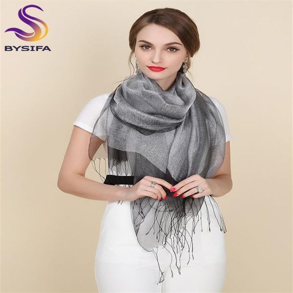 Nuovo Elegante Organza Sciarpa di Seta Scialle Moda 100% Seta di gelso Grigio Argento Sciarpe Lunghe Femminili Autunno Inverno Signore Nappa Capo S239p