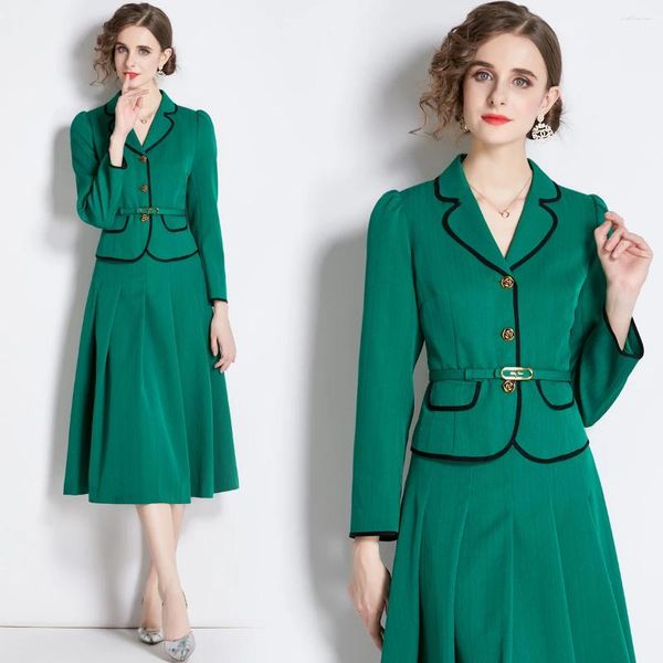 Abiti da lavoro High-end Autunno Inverno 2 pezzi Set Donna Verde Collo con intaglio Top Giacca Cappotto Vita alta Midi Gonna a pieghe Abiti Abiti