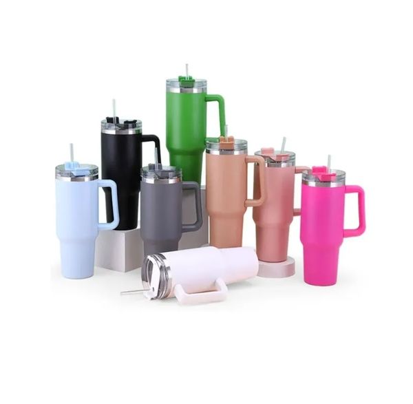 Copo de 40 onças com alça e tampa de palha isolado reutilizável garrafa de água de aço inoxidável caneca de viagem copo de café gelado para carro e casa e bebidas frias envio rápido