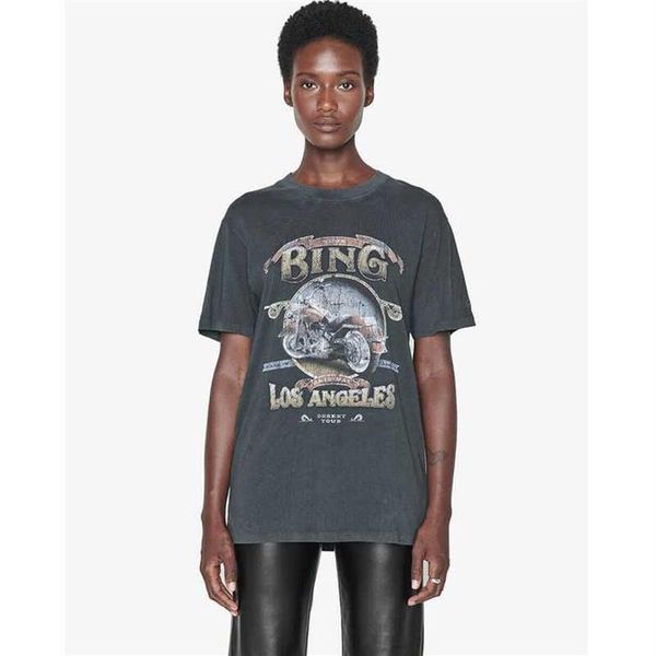 T-shirt da motociclista AB Los Angeles del designer con stampa di lettere in cotone grigio nero BINGs da donna a maniche corte Tee252U