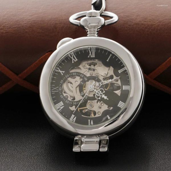 Taschenuhren Silber Vintage Single Open Hollow Frame Mechanische Uhr Herren Fob Kette Stahl Skulptur Damen Geschenk